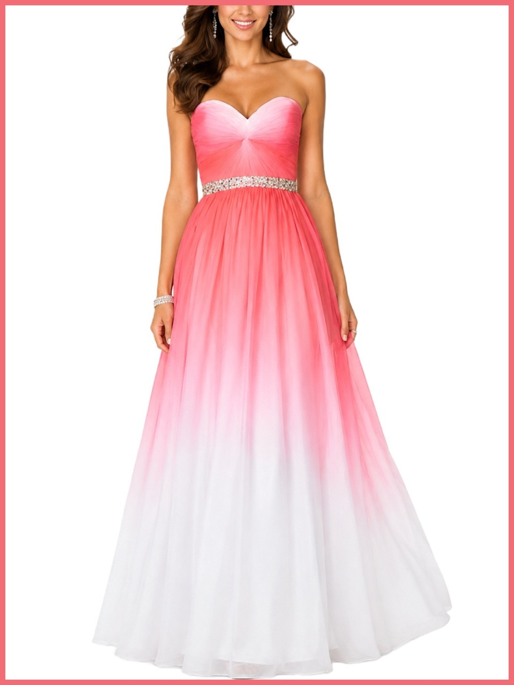 La Femme Pink & White Ombré Gemstone Embellished Strapless Gown | Dress